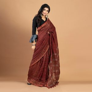 Ajrakh Silk Linen Saree