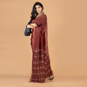 Ajrakh Silk Linen Saree