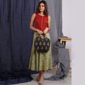 Ajrakh Print Wooden Handle Clutch