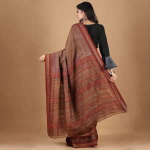 Vidarbha Border Gachi Tasar Hand Block Print Saree