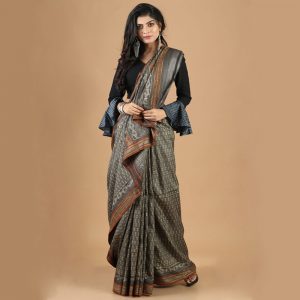 Vidarbha Border Gachi Tasar Hand Block Print Saree