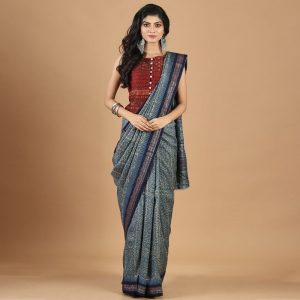 Vidarbha Border Gachi Tasar Hand Block Print Saree