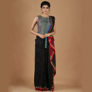 Tie & Dye Temple Work Linen Saree