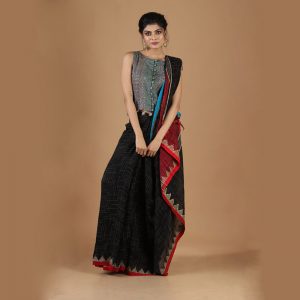 Tie & Dye Temple Work Linen Saree