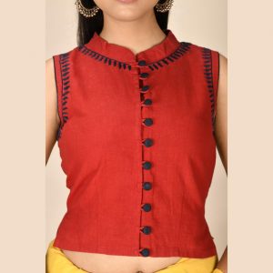 Mandarin Collared Satin Stitch Crop Blouse