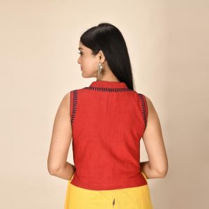 Mandarin Collared Satin Stitch Crop Blouse